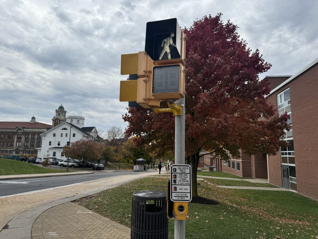 A crosswalk sign located on Comstock Avenue near Syracuse University.