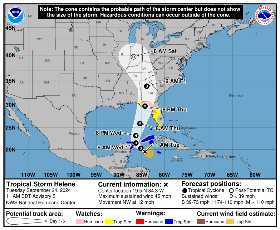 A map of Tropical Storm Helene's predicted cyclone path