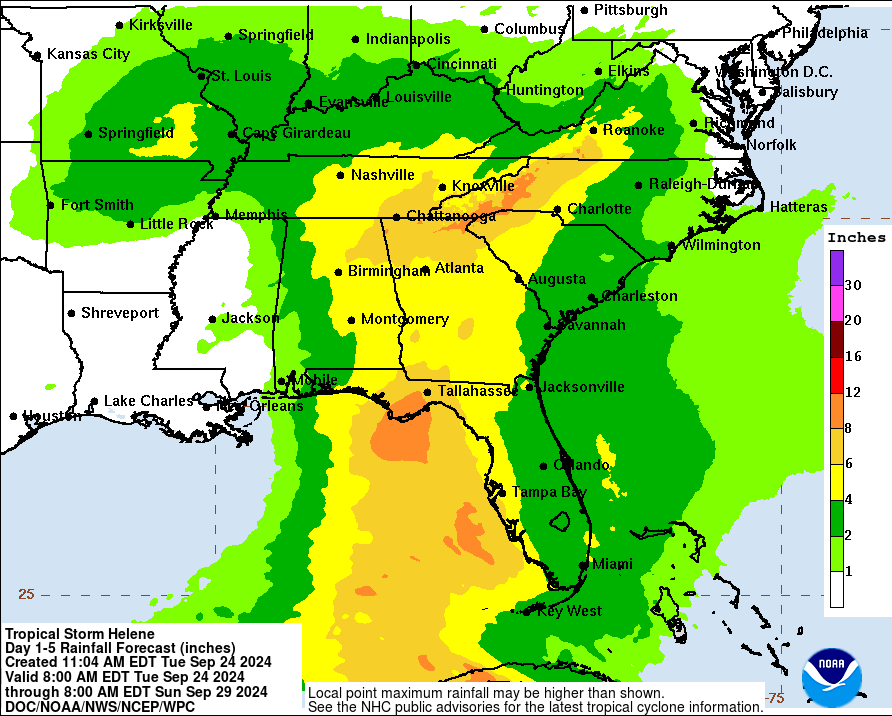 A map of Tropical Storm Helene's expected rainfall amounts in the southeast