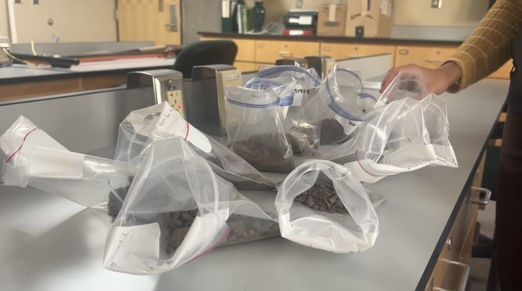 Bags of soil in a lab that are going to be tested to look at their PH level.