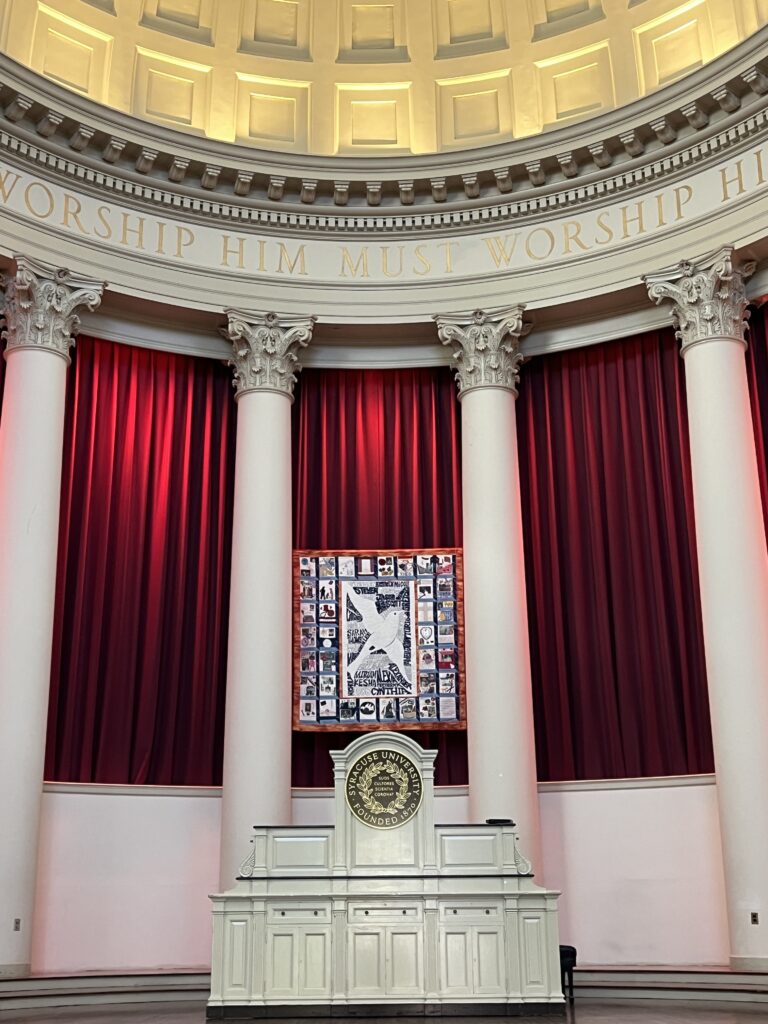 The SU Remembrance quilt, helped created by the 1998-99 Remembrance Scholars, is on display inside Hendricks Chapel.