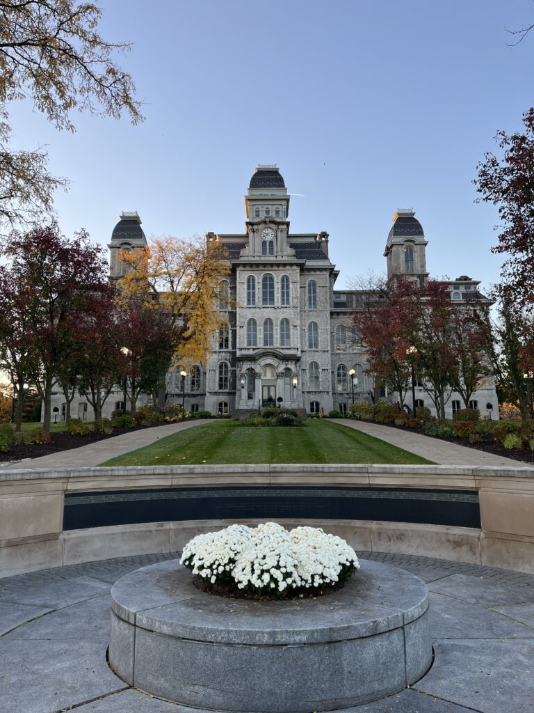 The Hall of Languages behind the Pan Am Flight 103 Place of Remembrance on the SU campus.