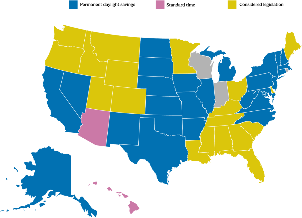 A map of America showing which states have adopted or considered legislation to remove daylight savings.