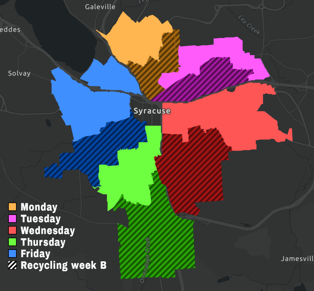 A map of Syracuse showing the different days for trash pickup and recycling rotation