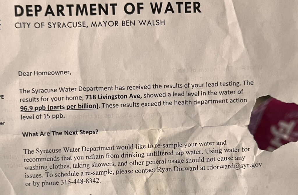 A letter from the Syracuse department of water informing the homeower that their home tested at a lead level of 96.9 ppb