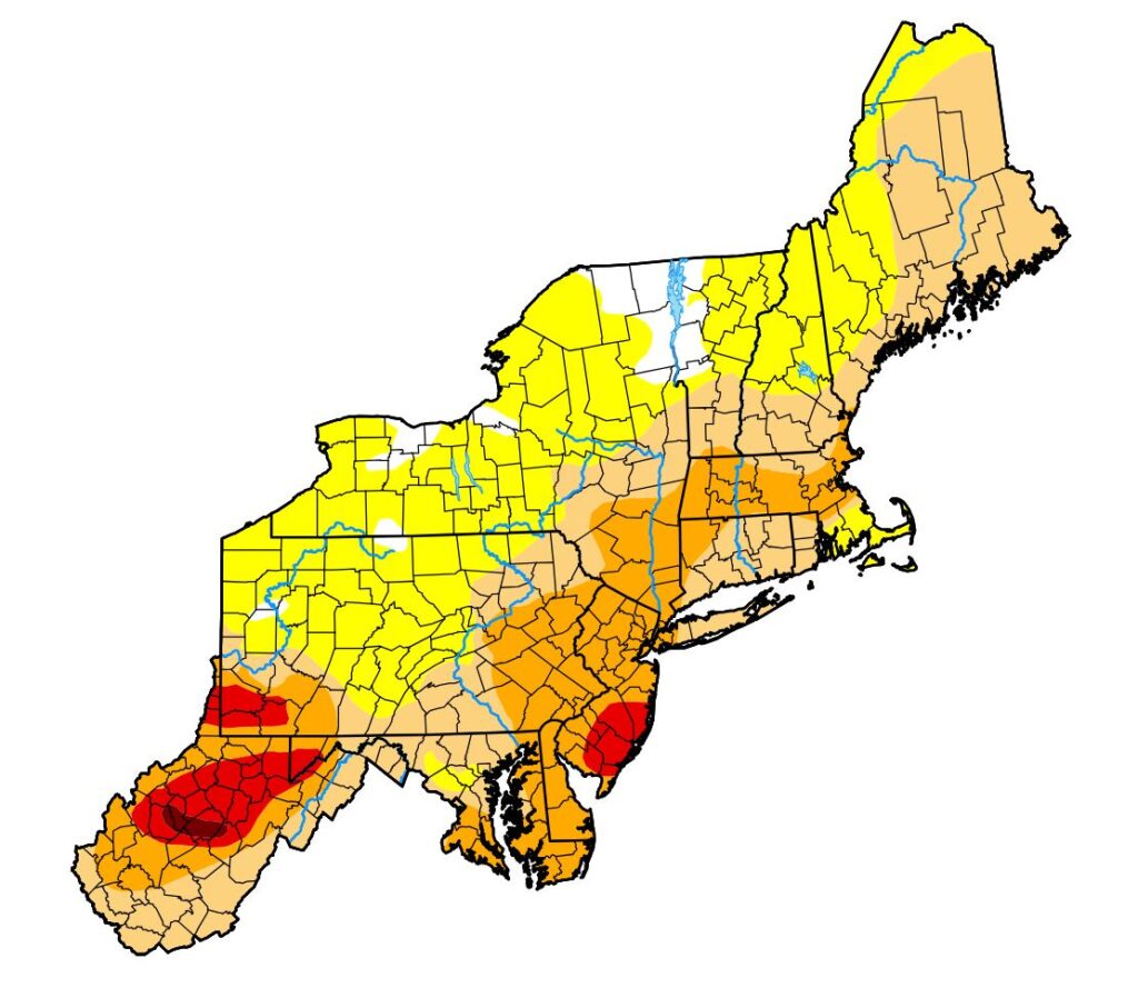 A color-coded map showing the severity of droughts in the Northeast and West Virginia.