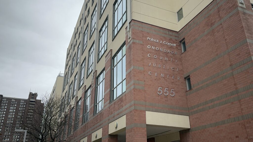 Picture of the outside of the Onondaga County Justice Center building