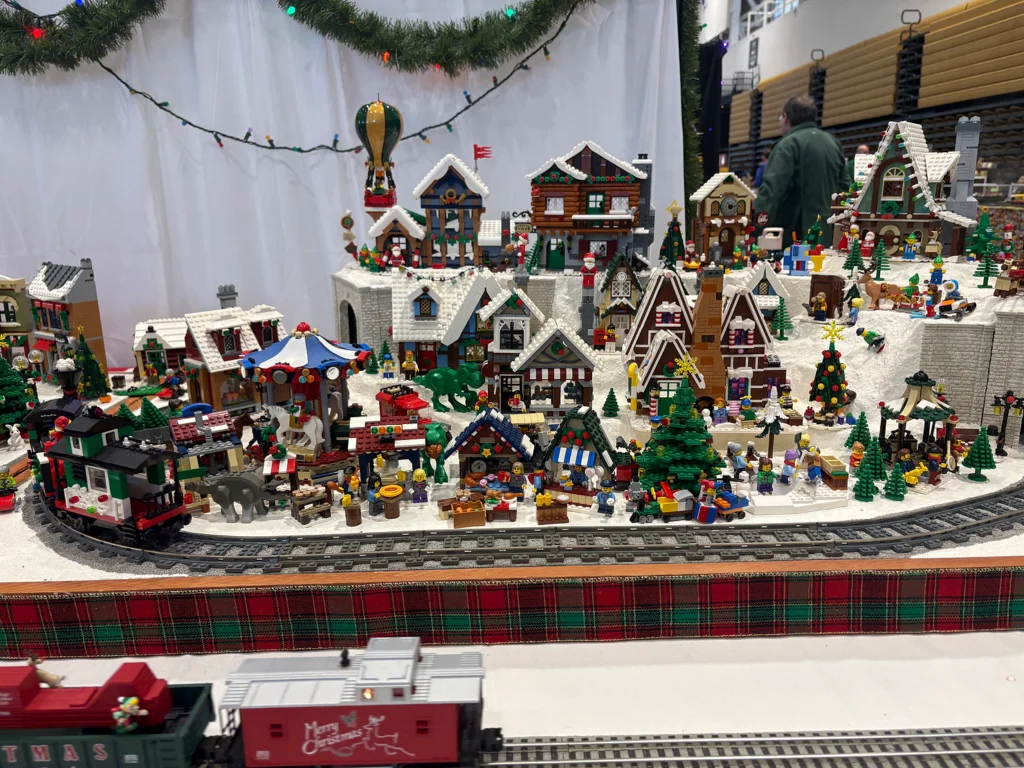 A holiday themed lego model train set