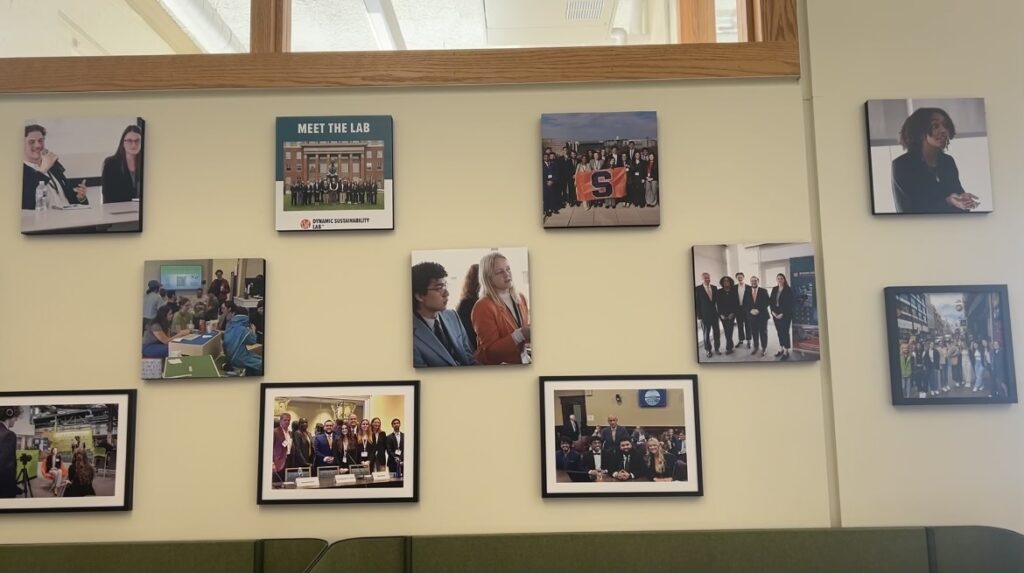 A wall of photos including student research fellows from the Dynamic Sustainability Lab and faculty members at conferences and symposiums.