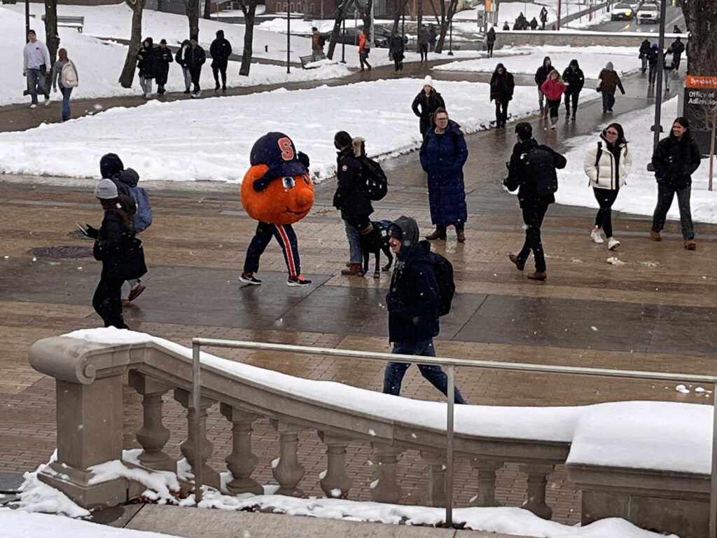 Syracuse University's mascot skips across the University Plaza Promenade, clear of snow and ice.