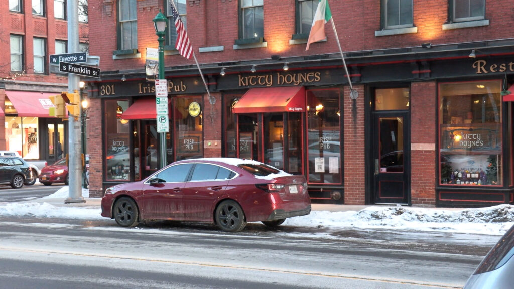 Outside Kitty Hoyne's Pub in Armory Square. Host of the St. Baldrick's head-shaving event