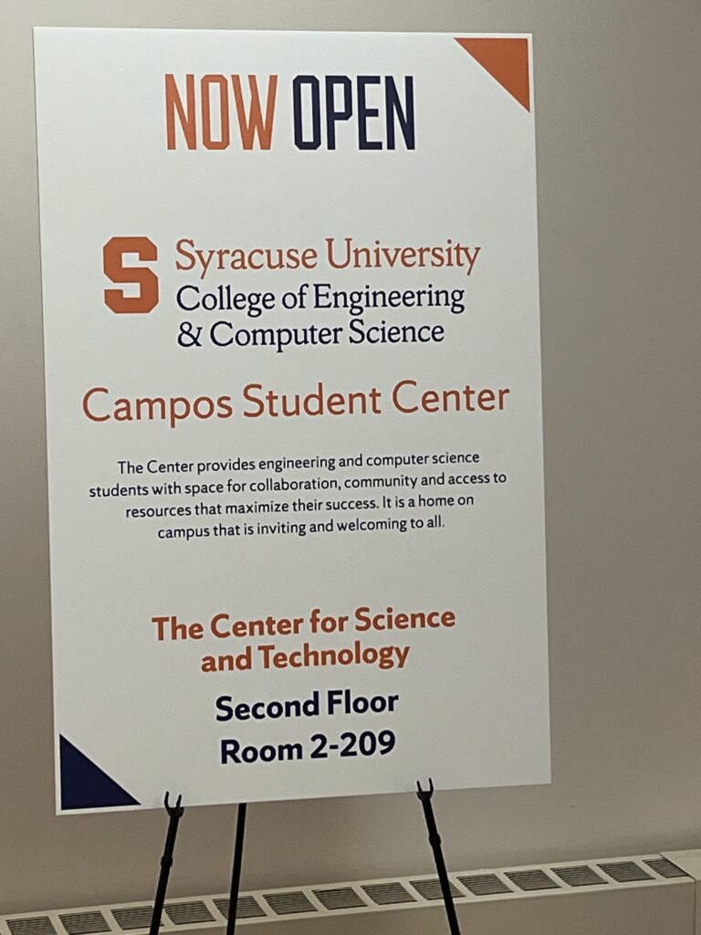 Signage of the brand new Campos Student Center.