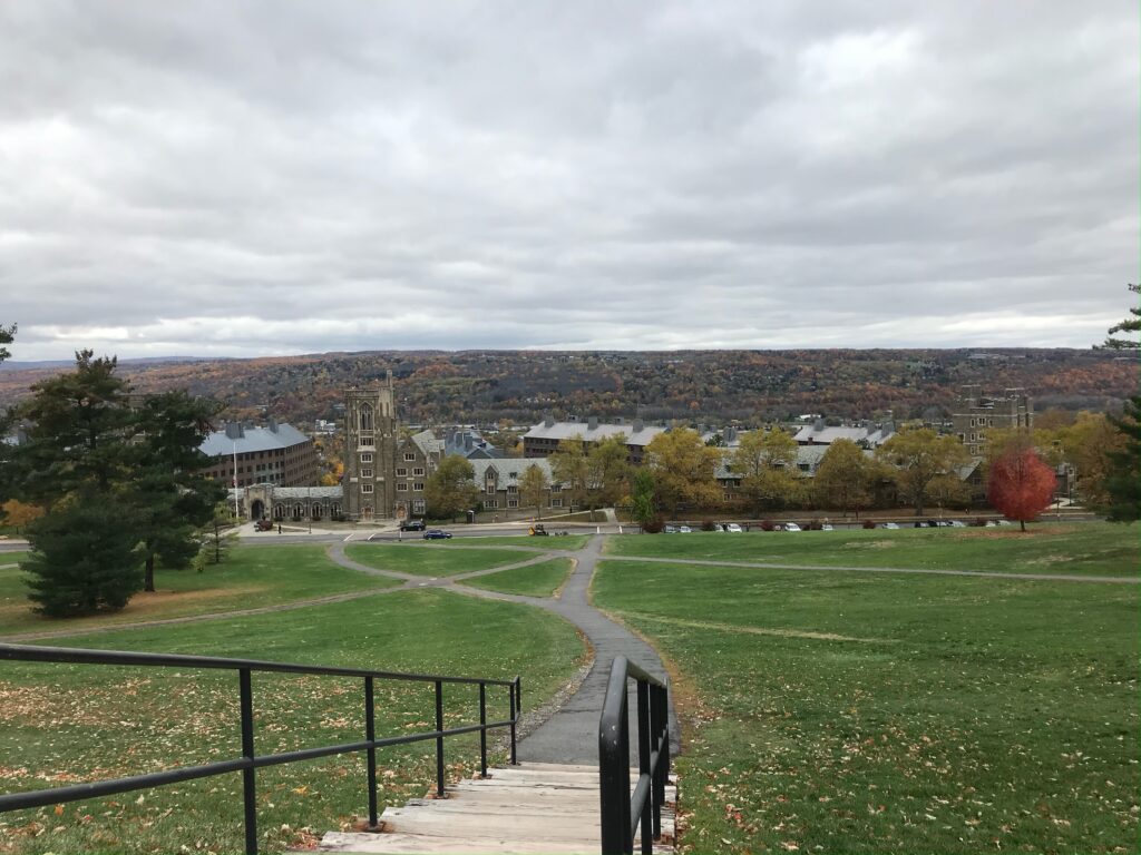 Staircase leading down to establishing view of Cornell University campus.