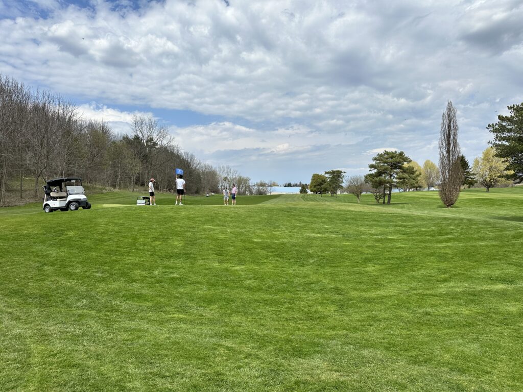 A grassy golf course with four people standing by a hole and a golf cart next to them