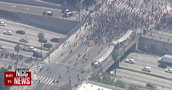 Aerial view of protestors marching across bridge in Los Angeles, and being met by the National Guard.