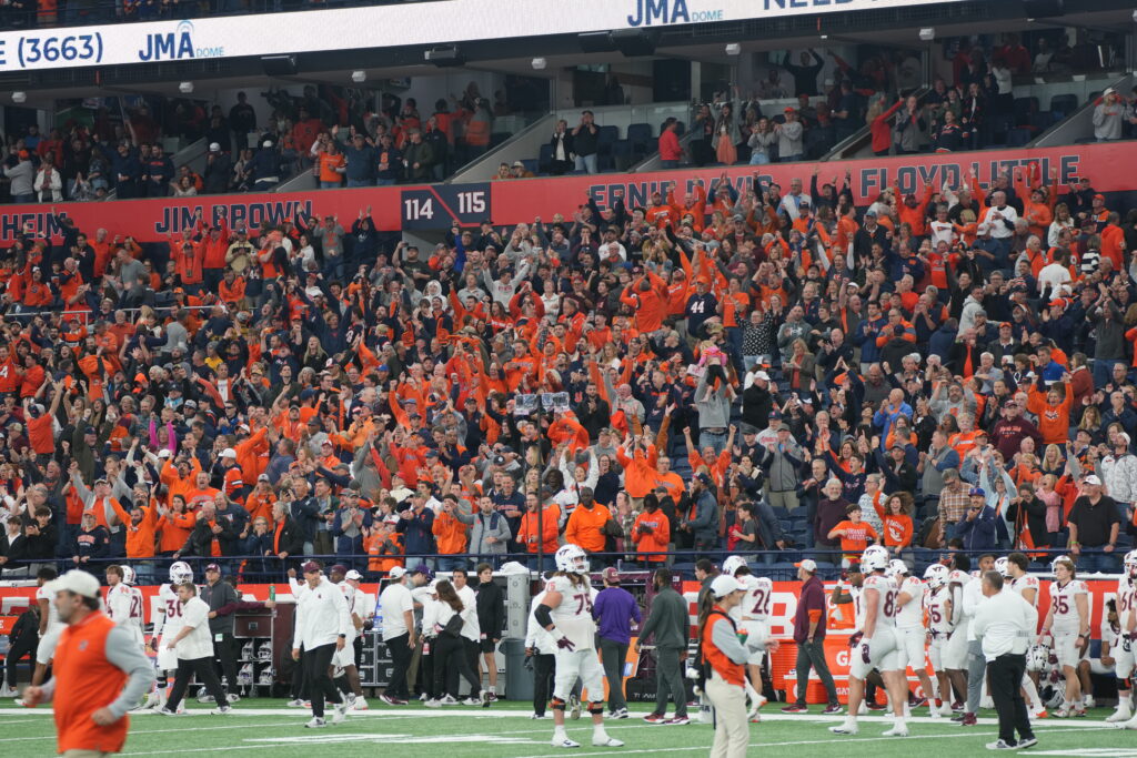 The Syracuse crowd celebrates in the JMA Wireless Dome after a win over Virginia Tech.