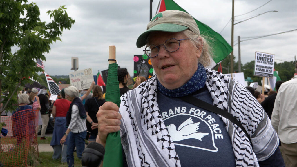 Lee Cridland wearing a “VETERANS FOR PEACE” shirt holding a green flag while speaking at a protest.
