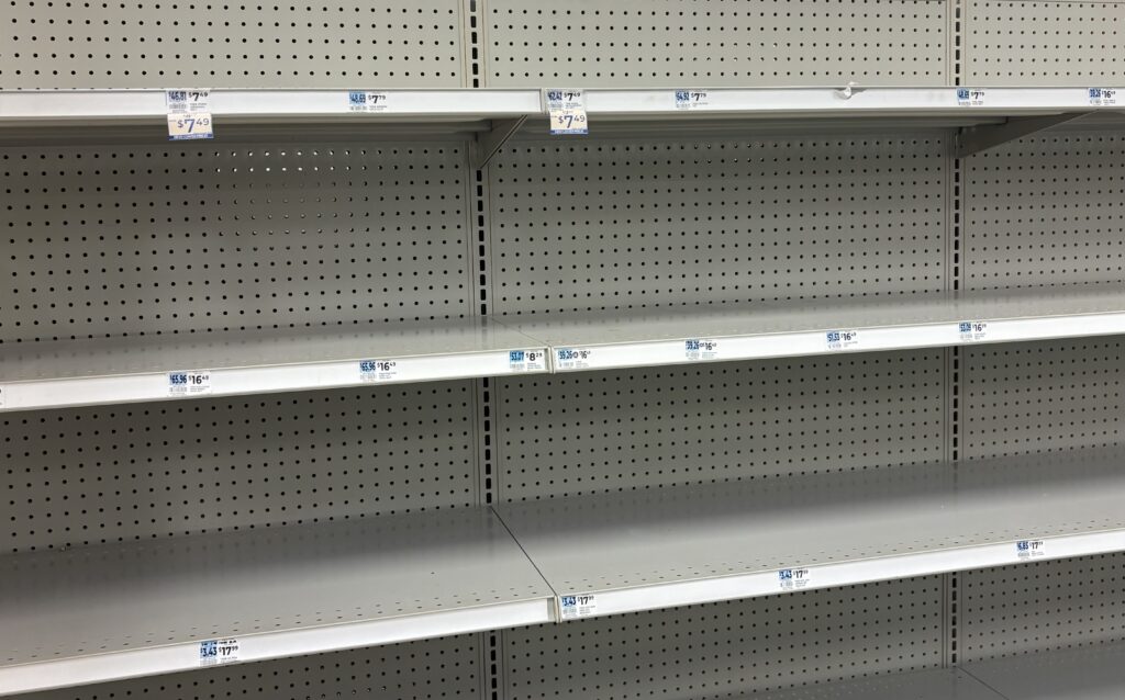 An empty shelf at the Rite Aid in Shop City Plaza on Teall Avenue in Syracuse.