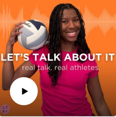 The picture shows Sydney Moore holding a volleyball. It is her podcast cover and says "Let's Talk About It."