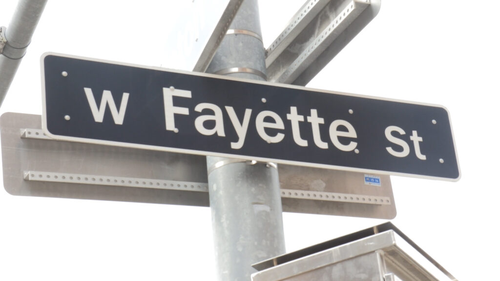 This is the street sign for West Fayette Street in the Armory Square neighborhood of Downtown Syracuse.