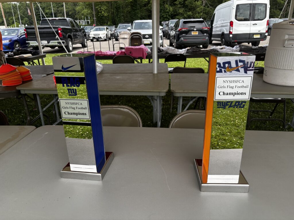 Both championship trophies at the 2nd NYSHSFCA Girls Flag Football Summer Championship