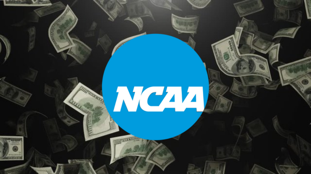 NCAA logo with cash falling to demonstrate the power of money and NIL in college sports