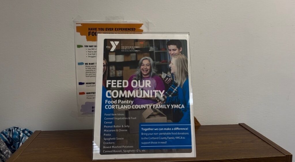 This image is a food pantry flyer from the Cortland YMCA that shows the food item suggestions to donate.