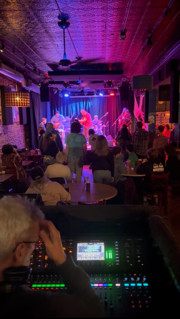 Inside Funk N Waffles music venue on a Monday night.