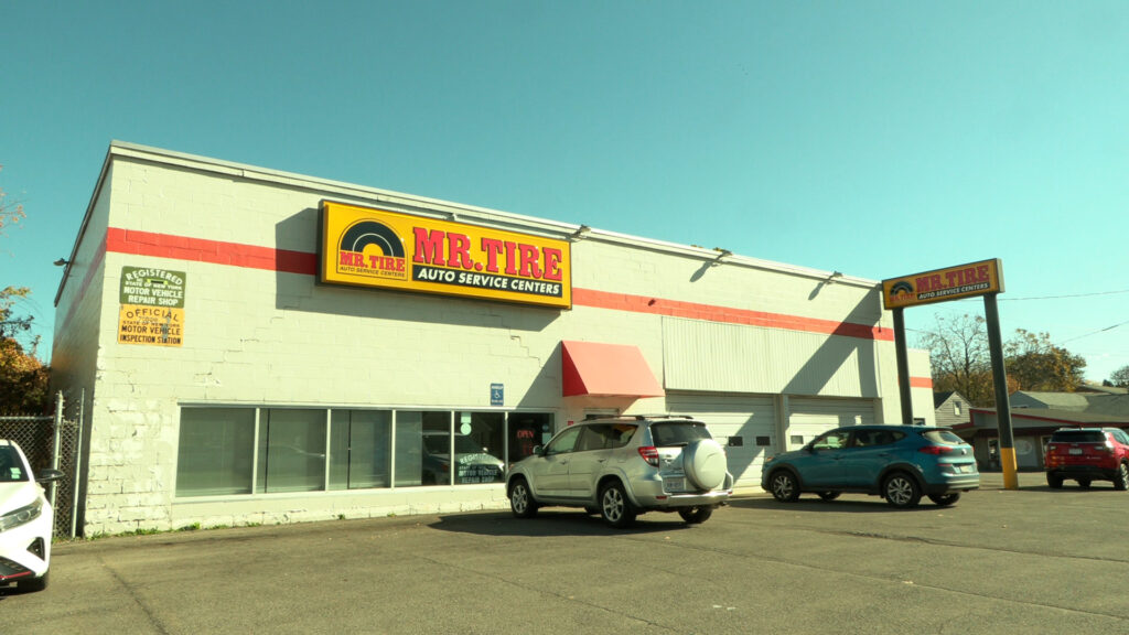 This white building is Mr. Tire - an automotive shop that can add snow tires.