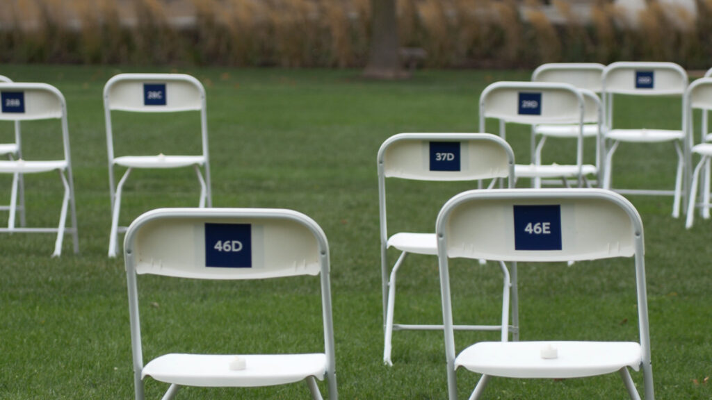 A photo of charis with the corresponding plane seat numbers from Pan Am Flight 103 to honor the 35 SU students who died in the tragedy.