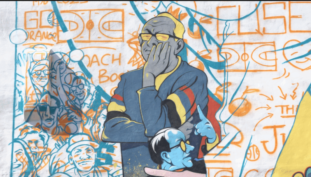 Image of Boeheim on the mural colored in