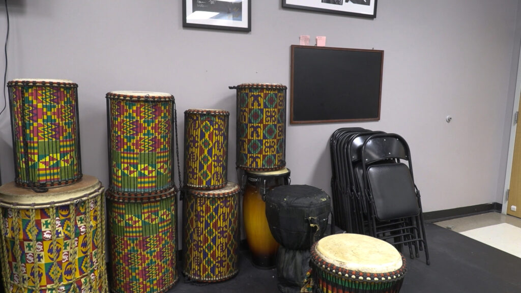 Wall of traditional West African drums know as Djembes.