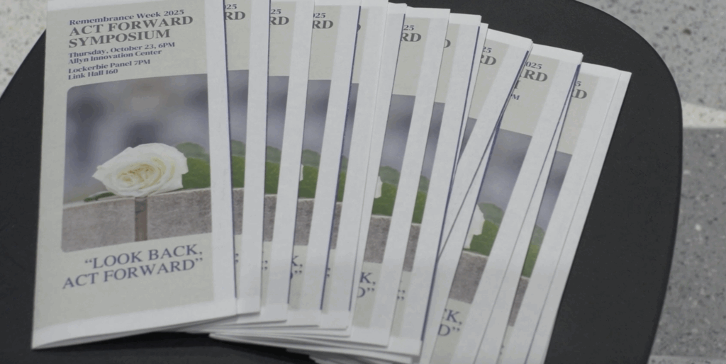 Brochures piled on each other in a line. 