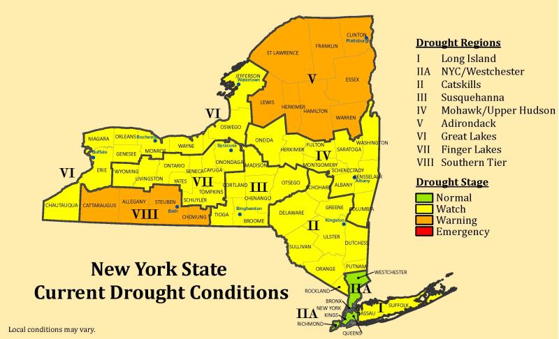 A map showing the degree of drought in each county in New York State