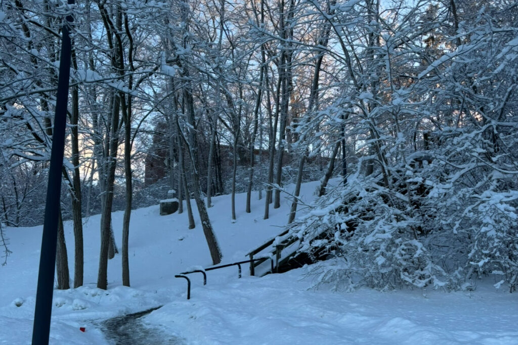 Snowy landscape on Syracuse University campus