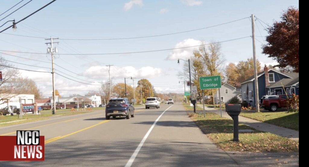 The Town of Elbridge guide sign in Onondaga County.