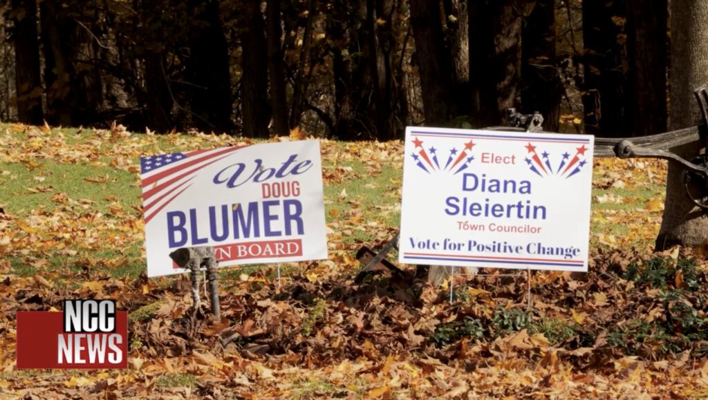 Campaign signs for Democratic candidates Douglas Blumer and Diana Sleiertin in a front yard in the town of Jordan of Onondaga County.