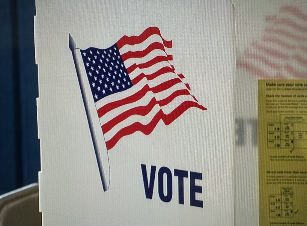 White panel with an American flag on it. It also includes blue bold text saying "VOTE".