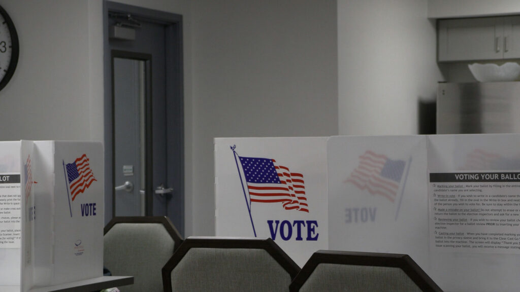 Empty voting booths with American flag designs and “VOTE” signs inside a polling location.