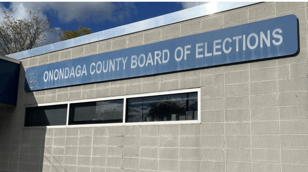 The outside signage of the Onondaga County Board of Elections.