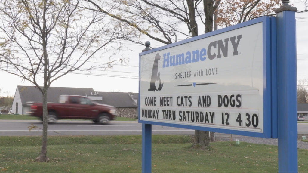 A sign outside of Liverpool's HumaneCNY inviting people to come interact with their animals.