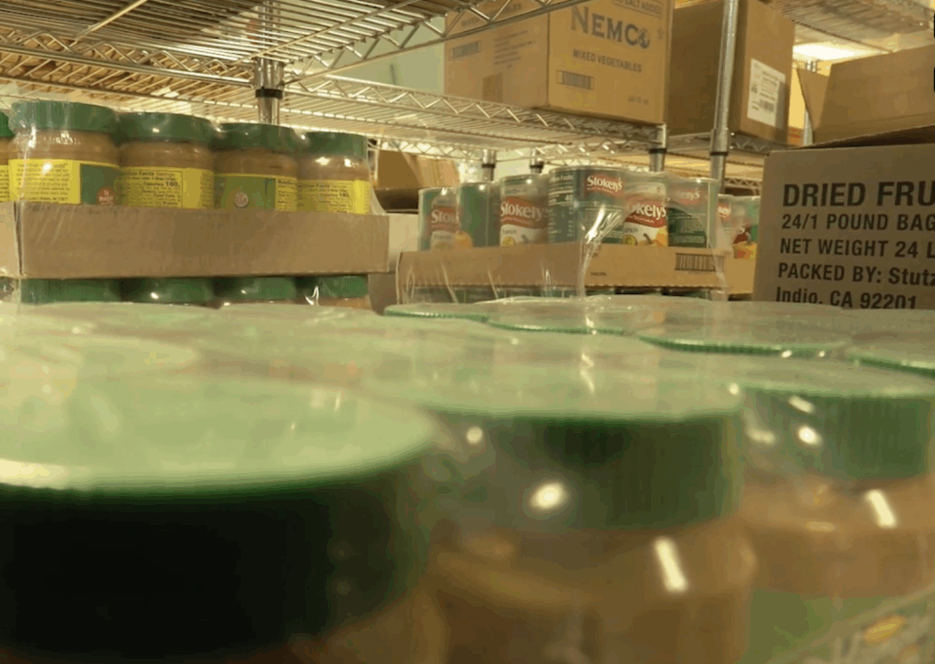 Shelves of food items at Plymouth Church Food Pantry. 