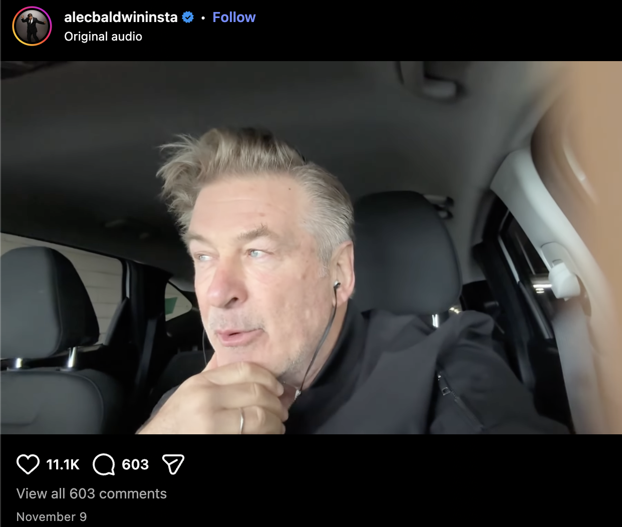 Alec Baldwin's Instagram post explaining his travel journey.