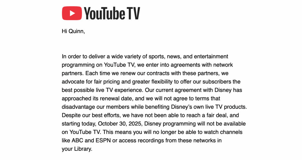 An email with YouTube TV's logo