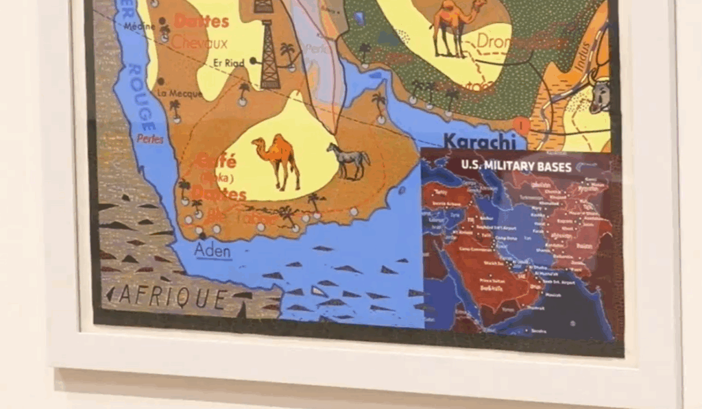 Artwork depicting an orange and green historical map of the Middle-East, in the bottom corner is a red and blue map of the Middle-East showing the locations of US military bases in the region.