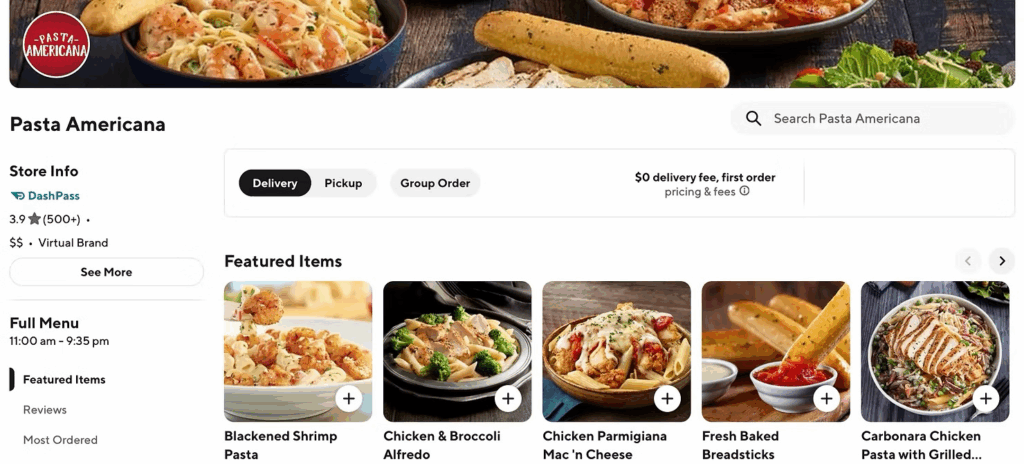 Pasta Americana's page on DoorDash