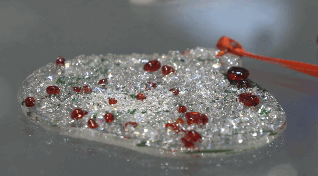 A picture of a glass ornament with red beads