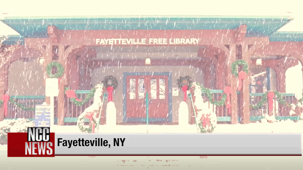 Exterior of the library during the holiday season