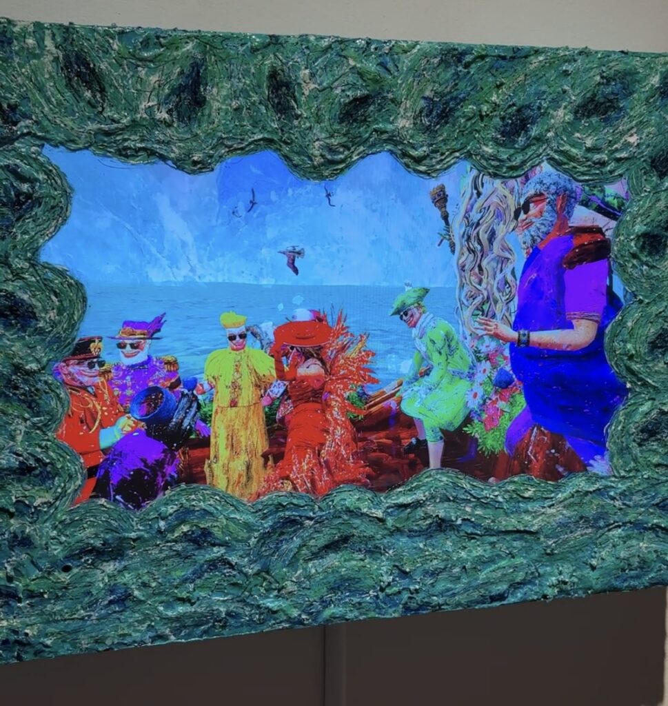 Federico Solmi's piece "The Indulgent Wonders" aims to tell the audience a narrative story through paintings and sound. 