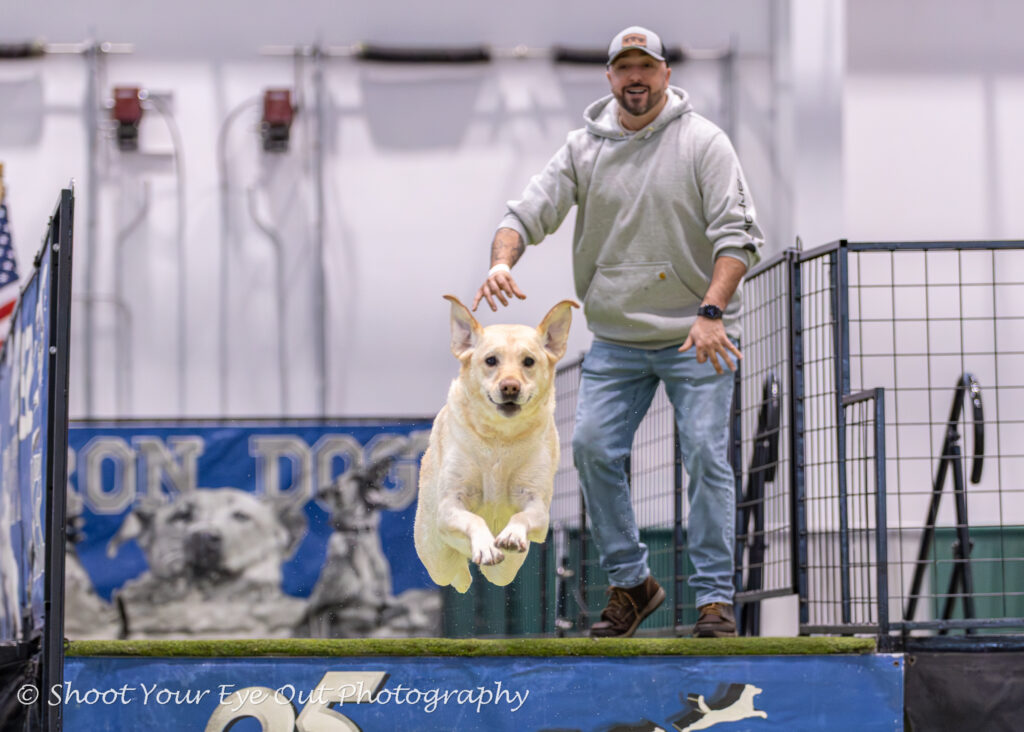 Blaze running off of the dock and jumping into the water